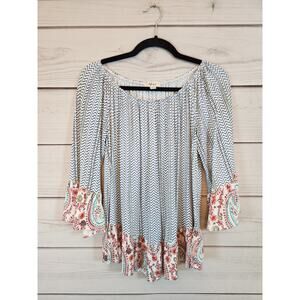 Style & Co Women's White Blue Floral Deep Scoop‎ Neck Bell Sleeve Blouse Small
